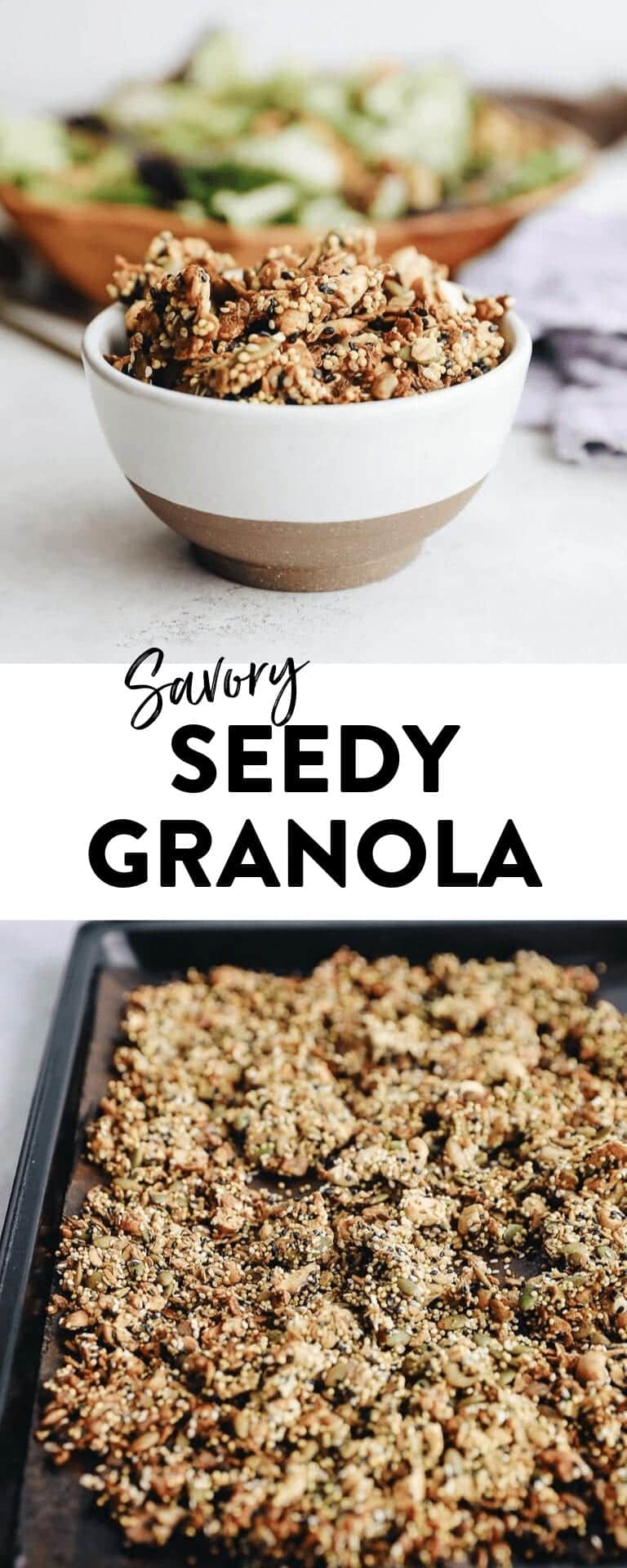 With 5 different types of seeds and a spicy zest, this savory seedy granola will take your granola game to a whole new level. Perfect for snacking or topping onto meals for a healthy boost #savorygranola #granola #healthy