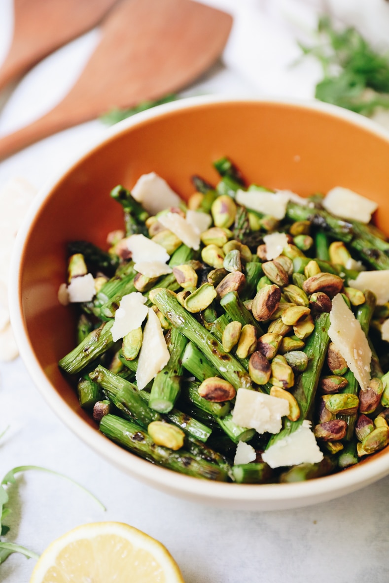 mixed asparagus salad with pistachios and parmesan