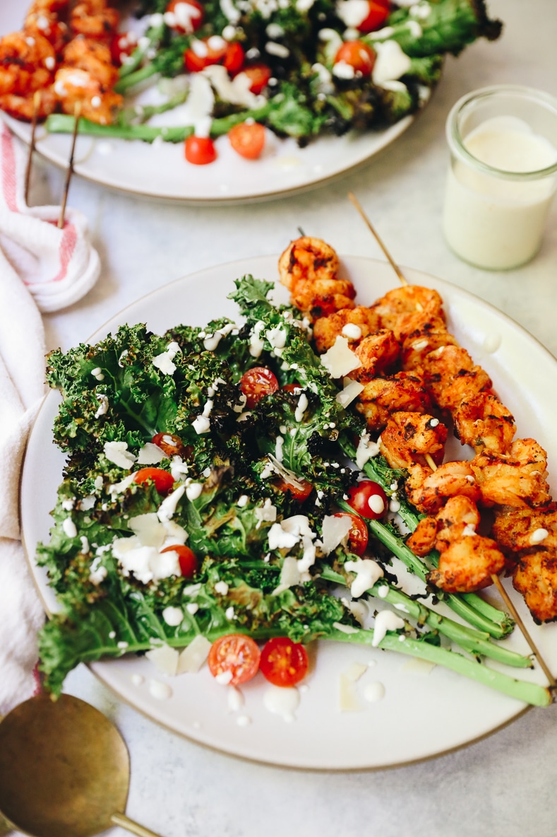 Grilled Kale Caesar Salad with Spicy Shrimp - The Healthy Maven