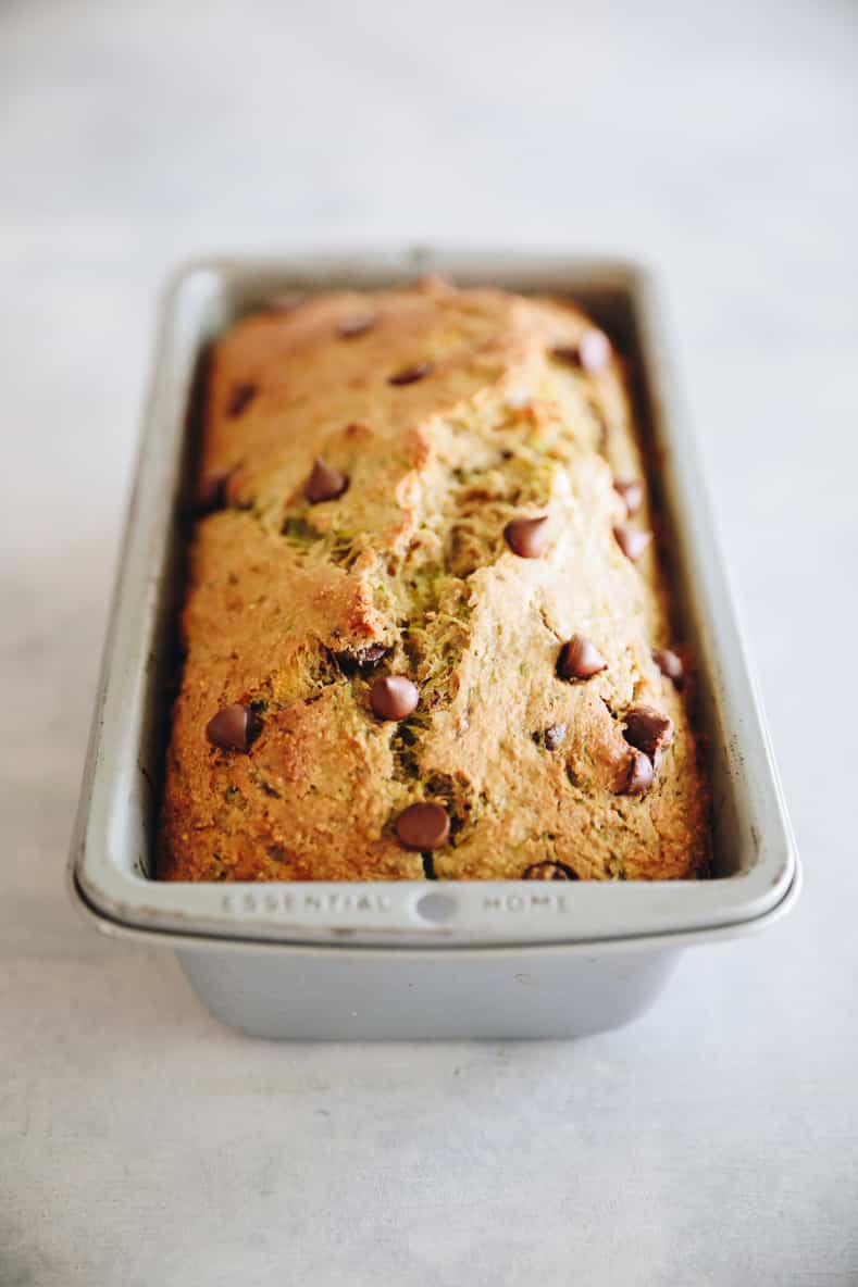Baked zucchini banana bread in a loaf pan
