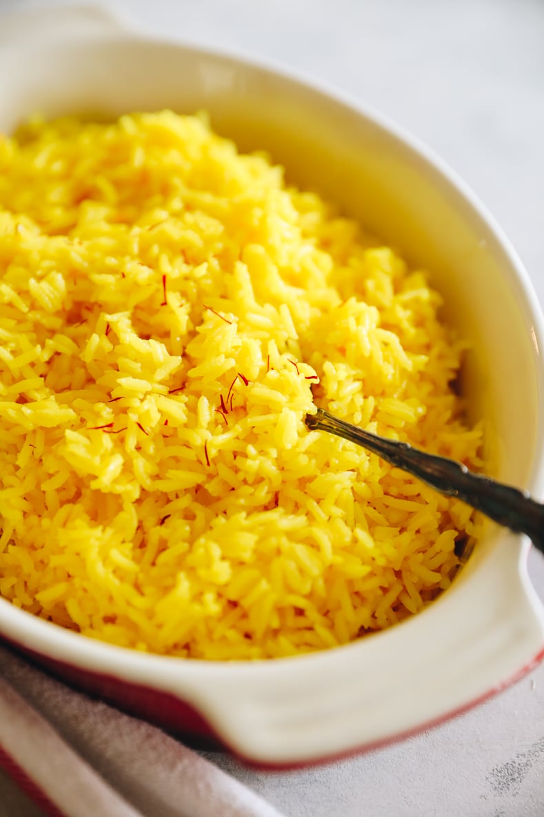 yellow saffron rice recipe in a baking dish