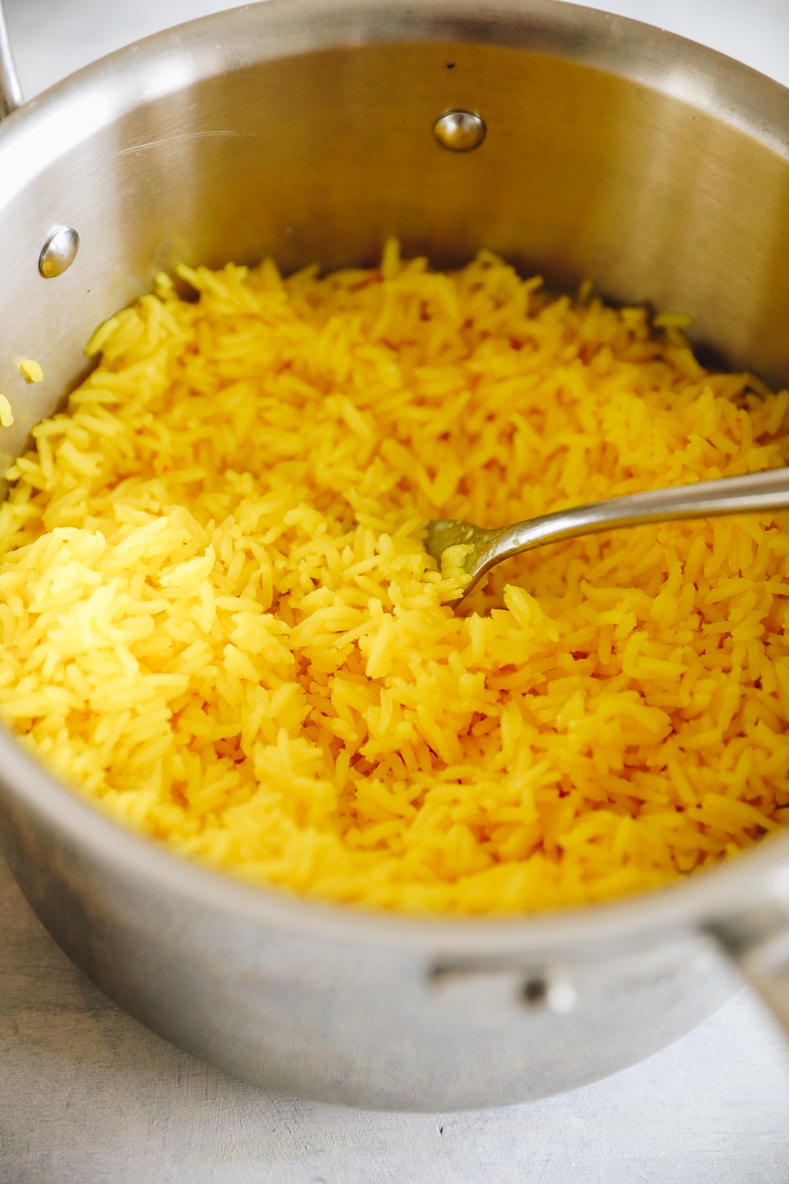 saffron rice recipe in a metal pot