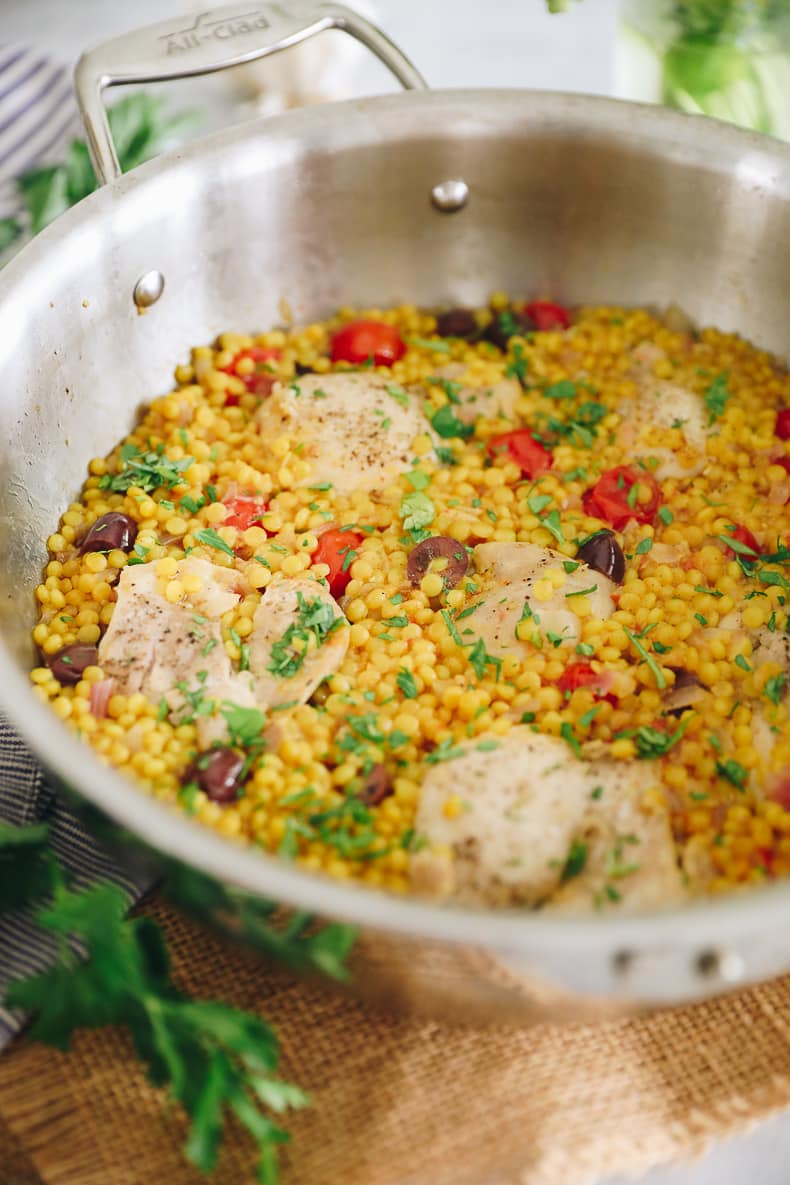 one-pot recipe for israeli couscous with chicken thighs.