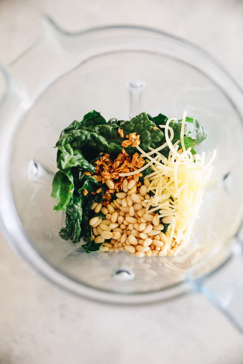 ingredients for kale pesto in a blender