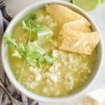 overhead of bowl with pozole verde