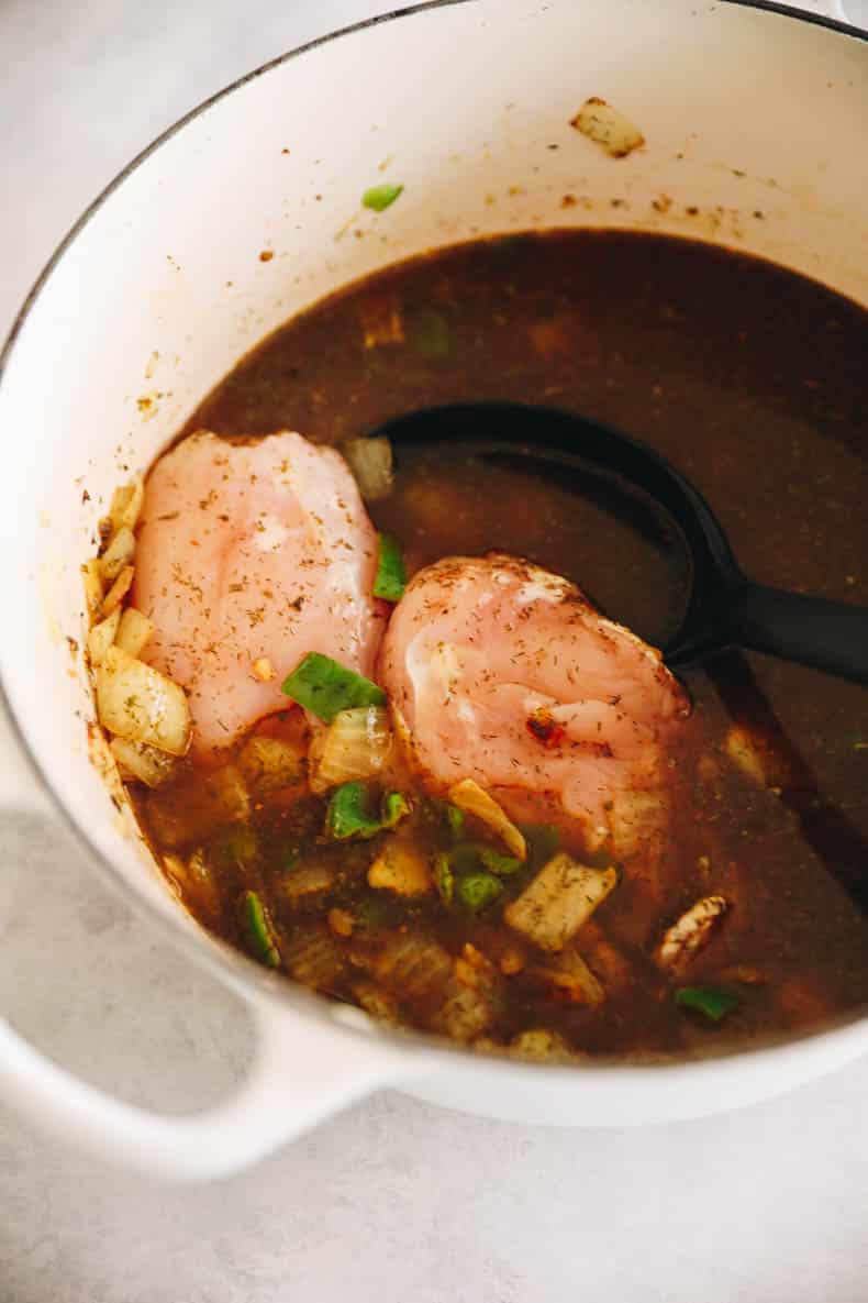 chicken in a pot for buffalo chicken chili