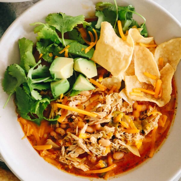 overhead of bowl of buffalo chicken chili