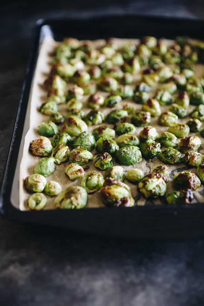 roasted brussel sprouts on a sheet pan