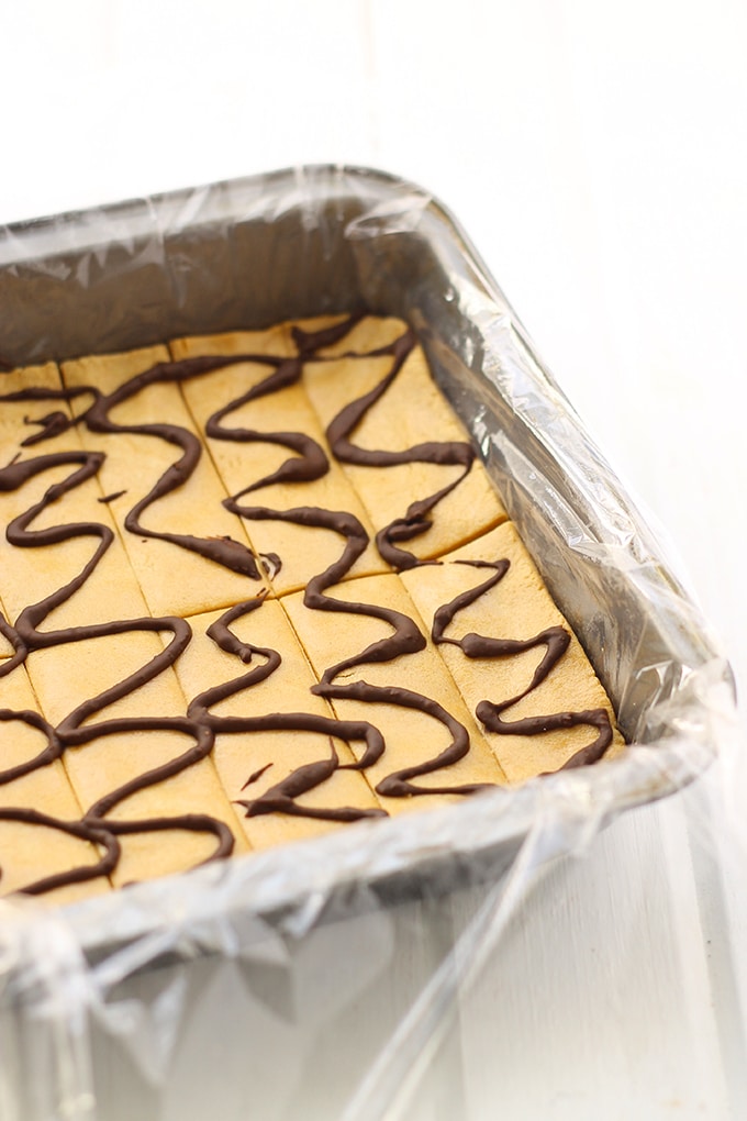 Overhead photo of peanut butter protein bars with chocolate drizzle