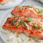 Recipe for miso salmon on a bed of rice.