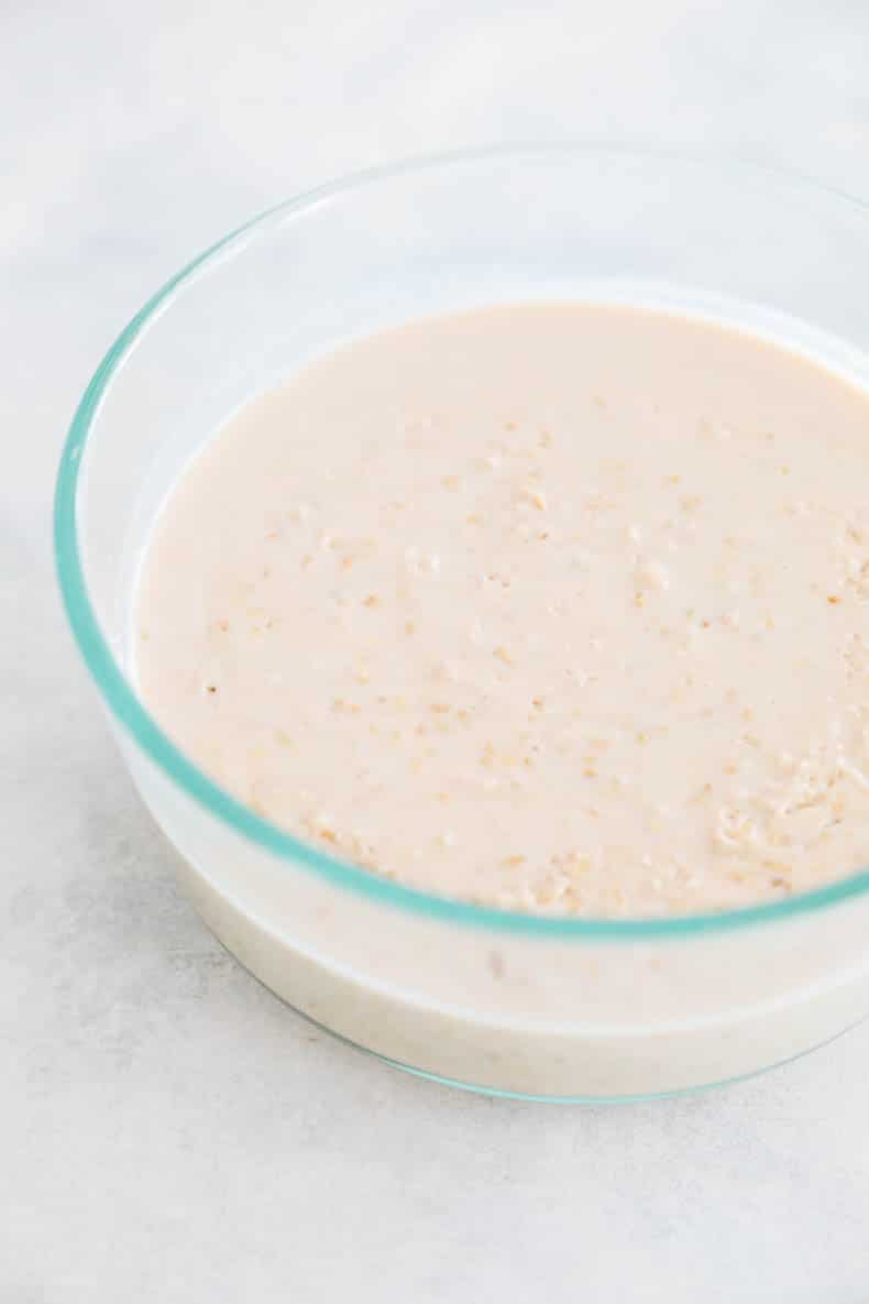 overnight steel cut oats in a pyrex container for storage.