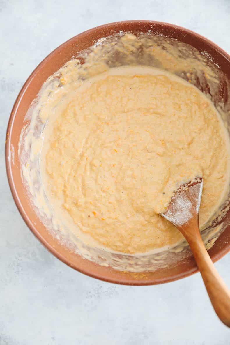 sweet potato pancakes batter in a mixing bowl.