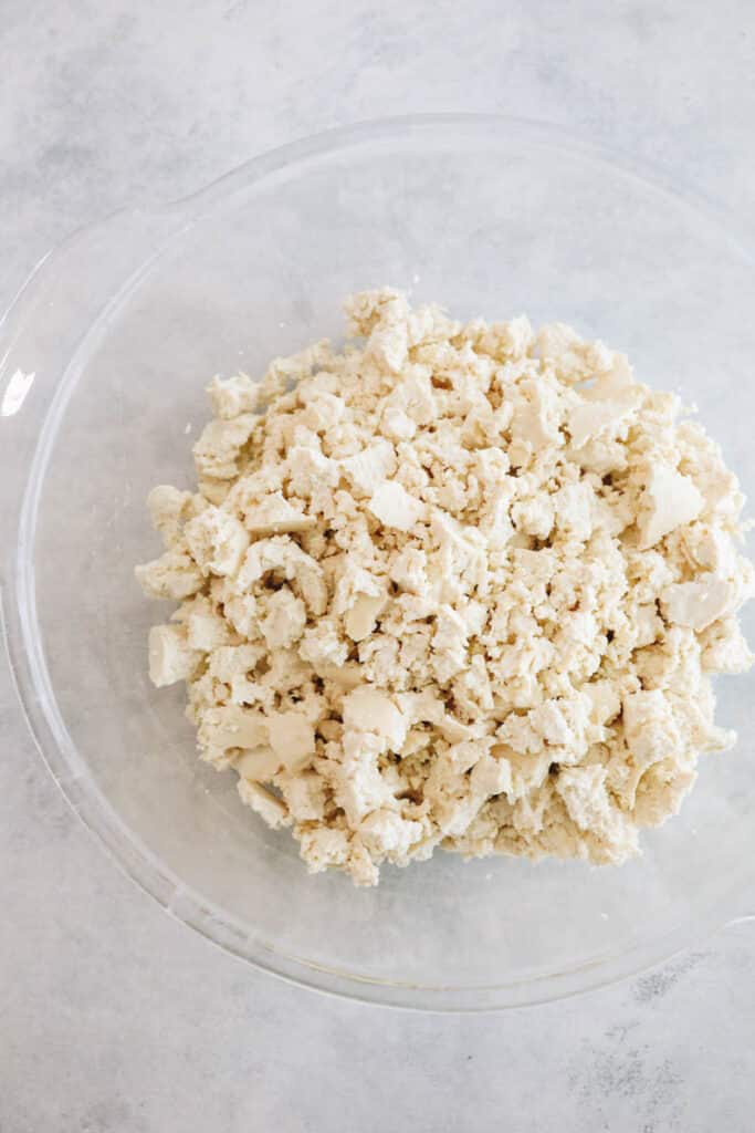 crumbled tofu for tofu pasta in a clear bowl