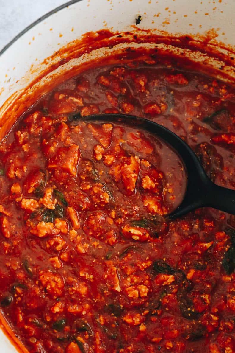 tofu bolognese in a dutch oven