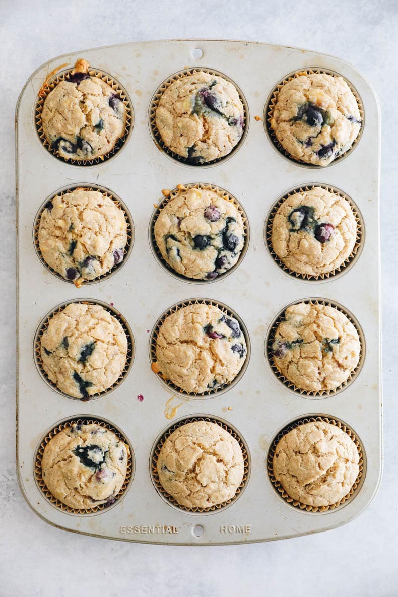 banana blueberry muffins baked in a muffin tin