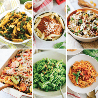 6 images of different healthy pasta recipes in a collage.