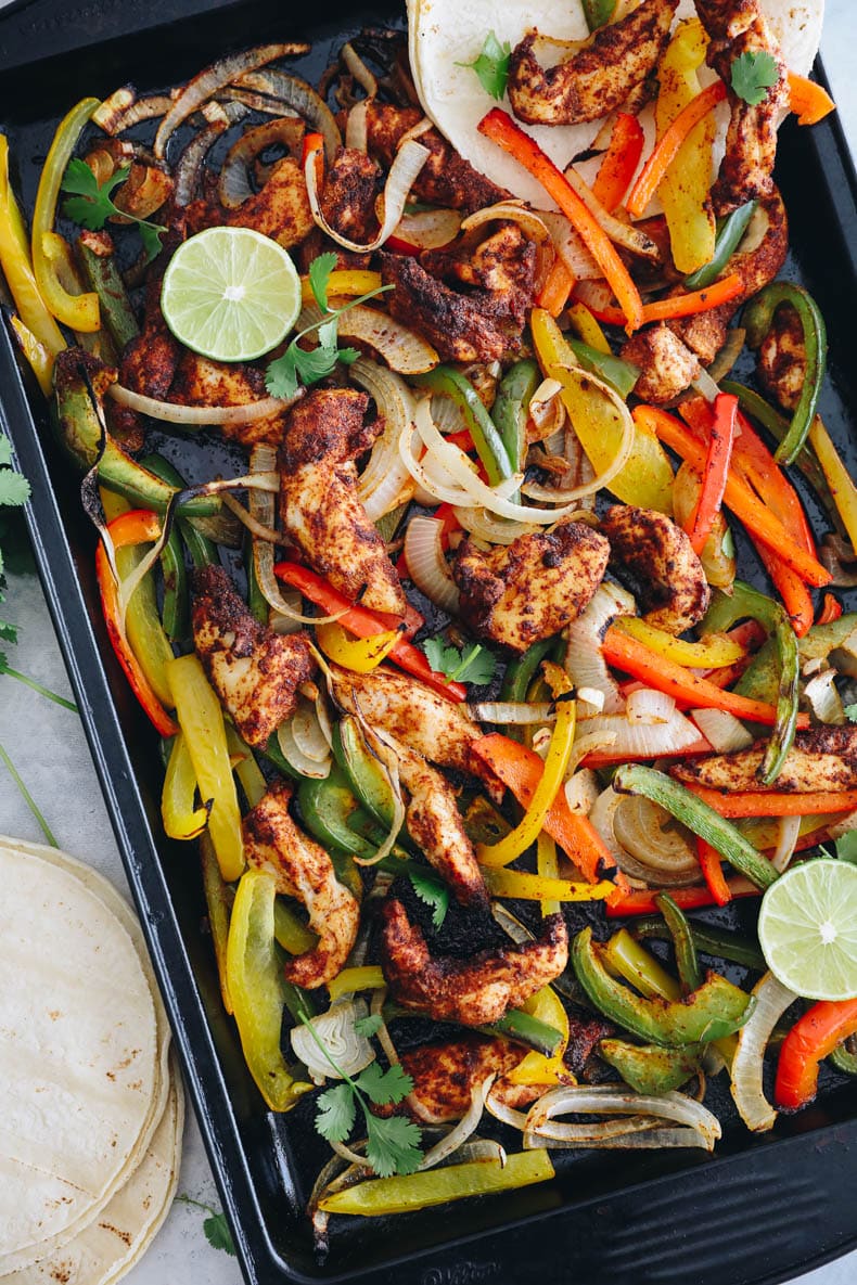 sheet pan chicken fahitas with roasted onions and bell peppers