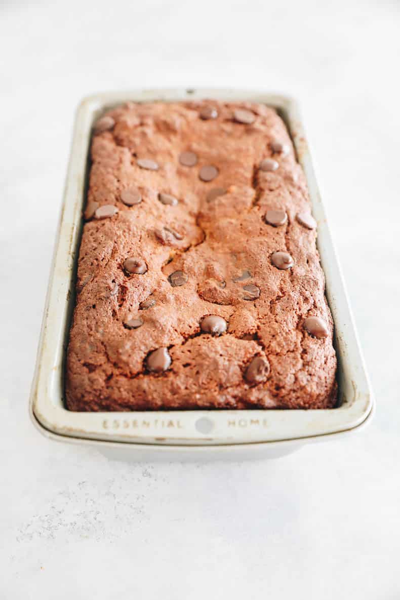 baked almond flour banana bread in a loaf pan.