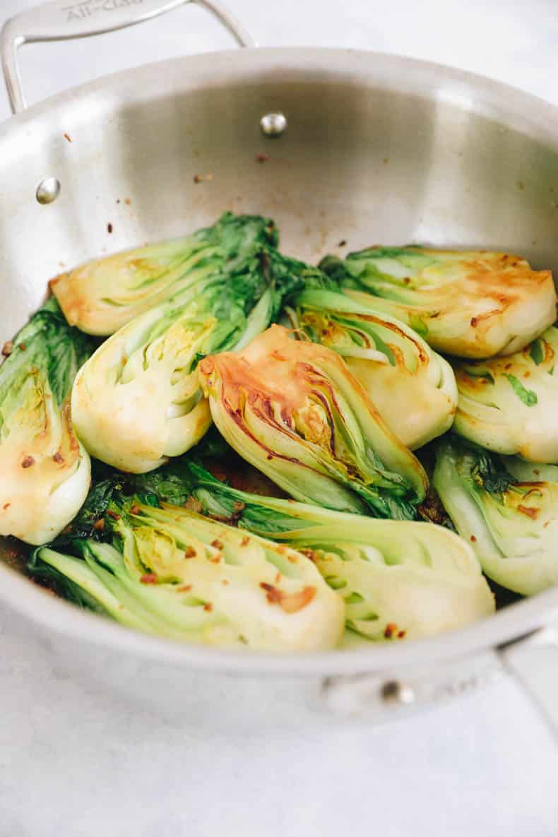 Cooked baby bok choy.