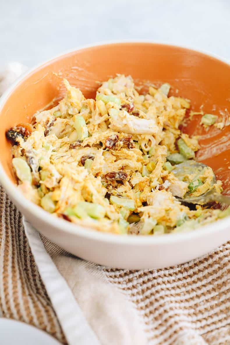 curry chicken salad in a mixing bowl.