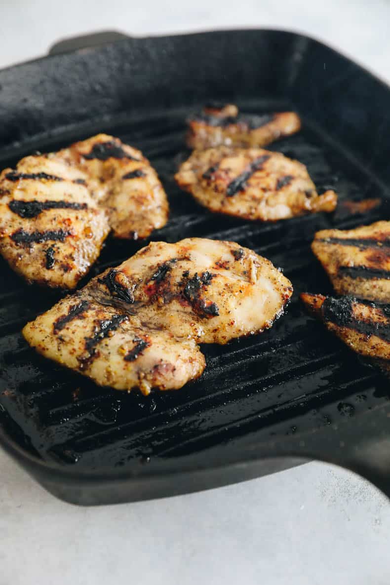 honey mustard chicken grilled on a cast iron grill pan