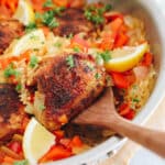 one pot paprika chicken and rice in a large skillet.