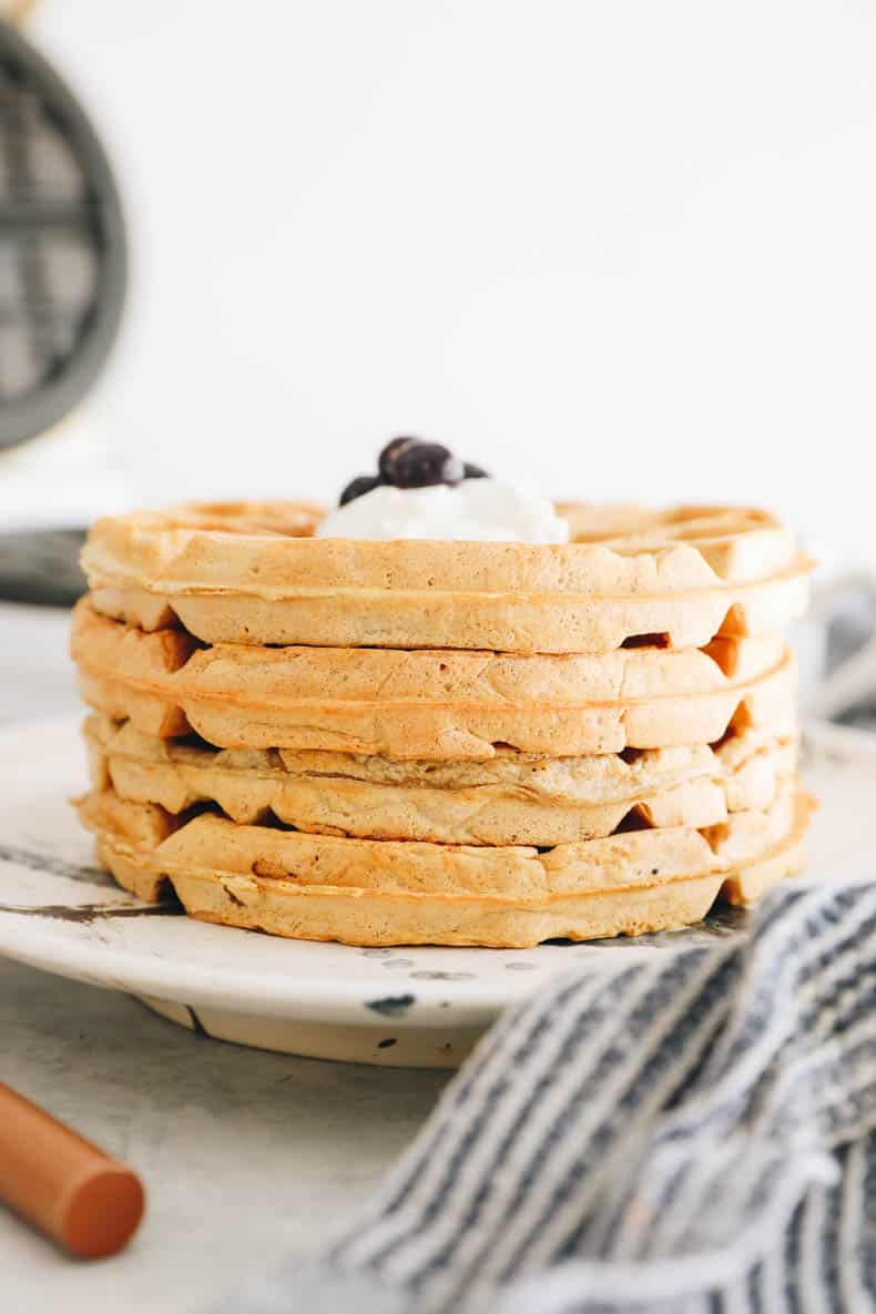 close-up stack of protein waffles