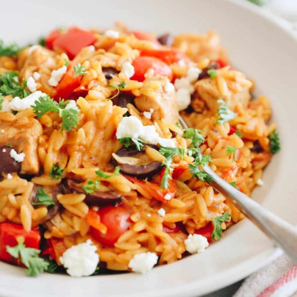 one-pot greek chicken orzo in a shallow white bowl.