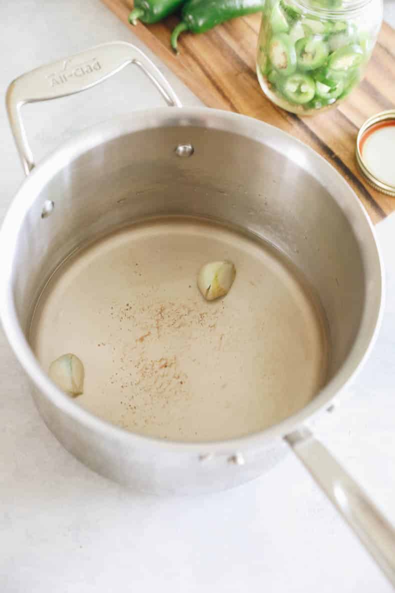 brine for a Pickled Jalapeño Recipe in a large all-clad pot