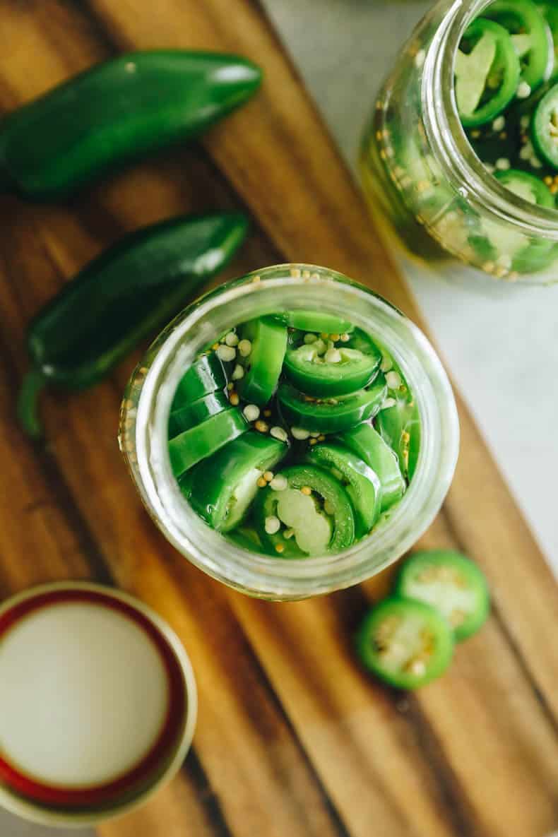 overhead shot of pickled jalapenos