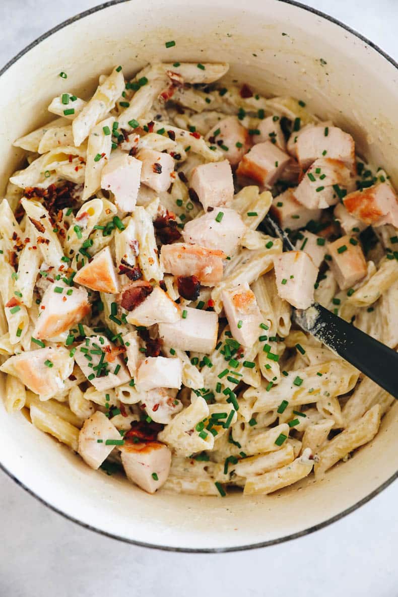 chicken bacon ranch pasta in a large pot.