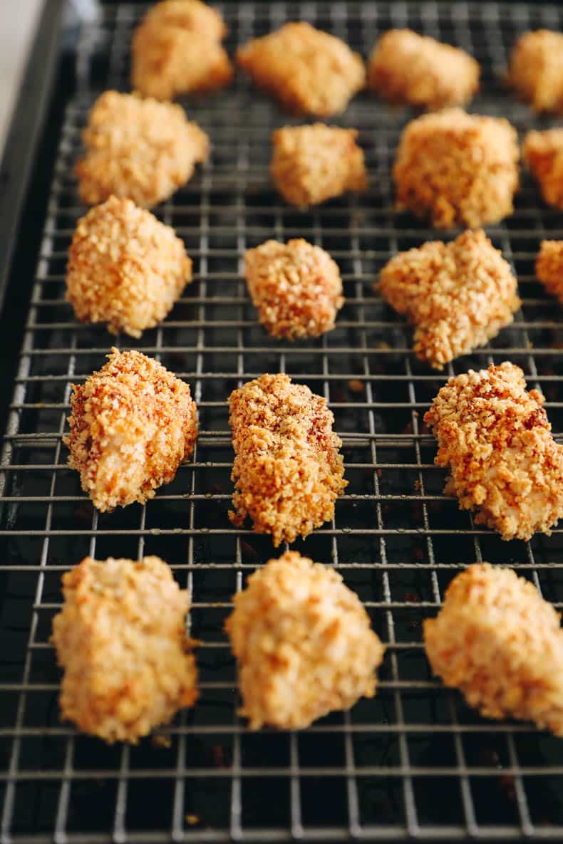 Baked chicken nuggets recipe on a wire rack
