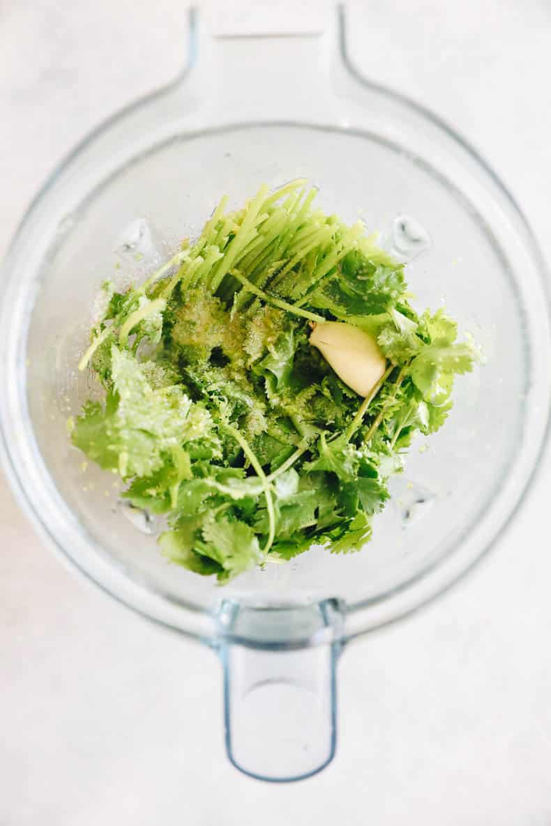 Ingredients for Cilantro Lime Dressing in the blender.