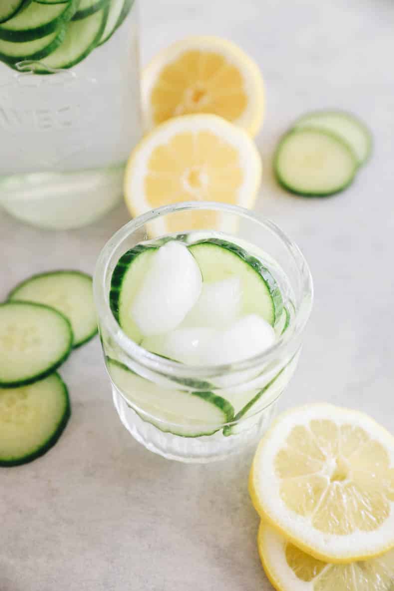 cucumber water recipe in a small glass.