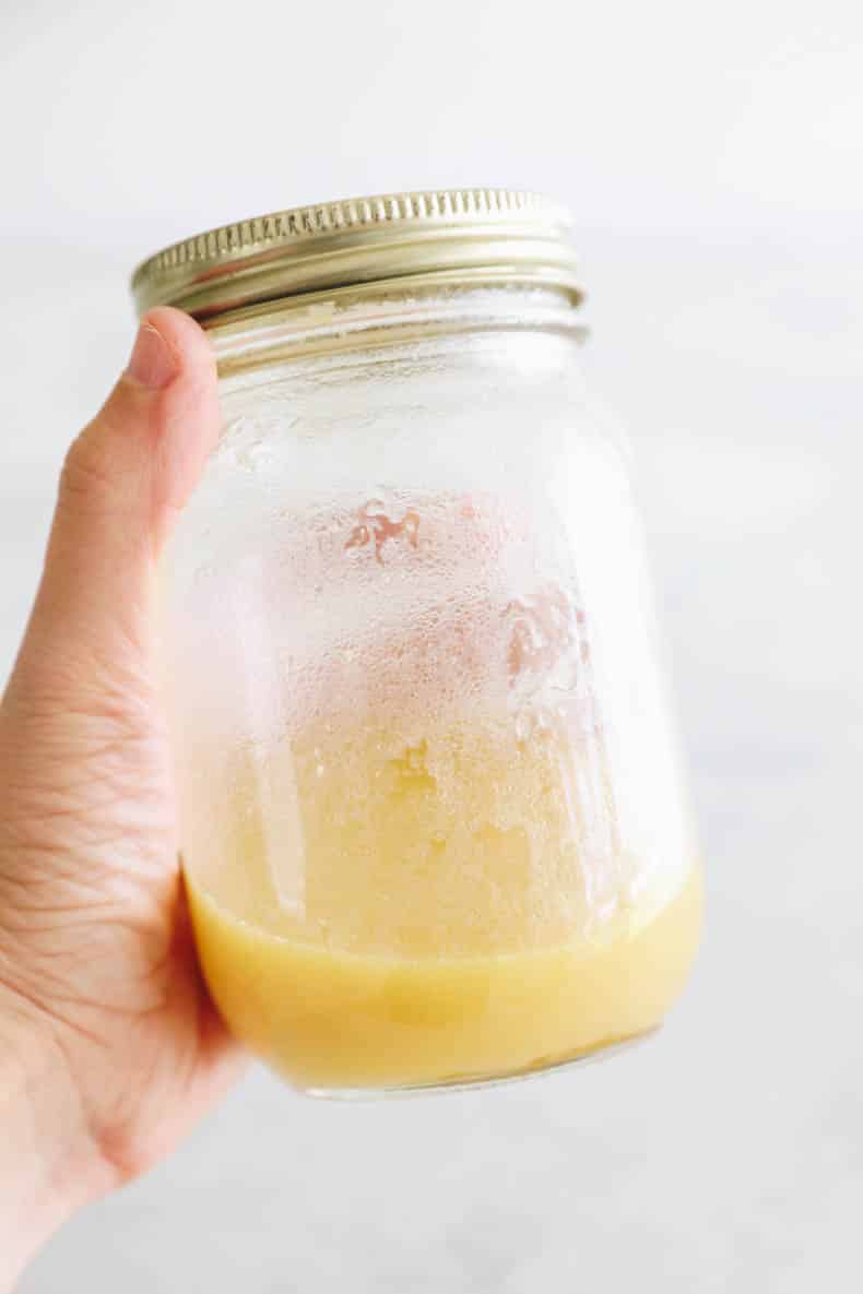 lemon vinaigrette in a mason jar for orzo salad recipe