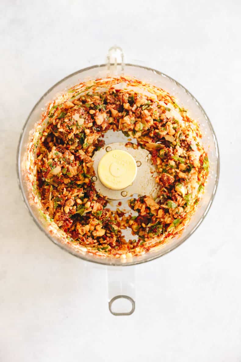 ingredients for sun dried tomato pesto pulsed in a food processor