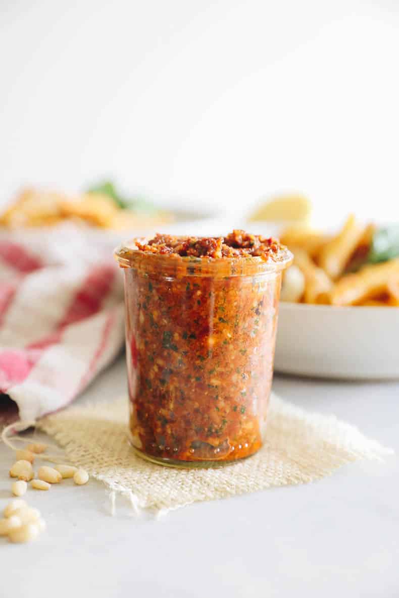 sun dried tomato pesto in a mason jar