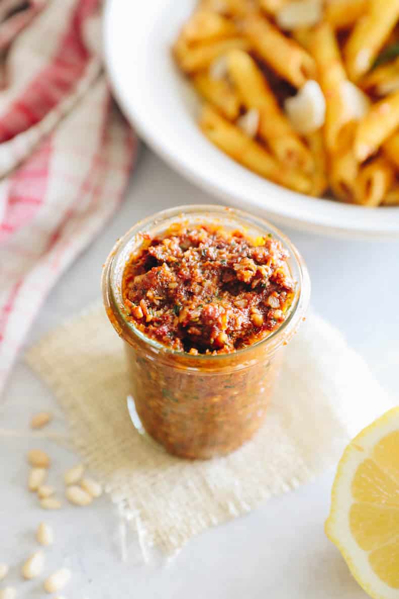 sun dried tomato pesto in a mason jar