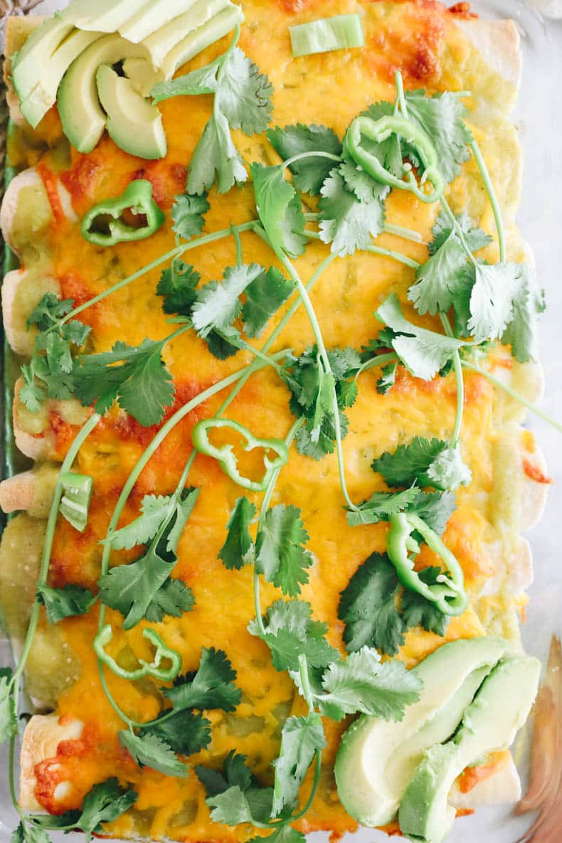 Baked green chicken enchiladas.