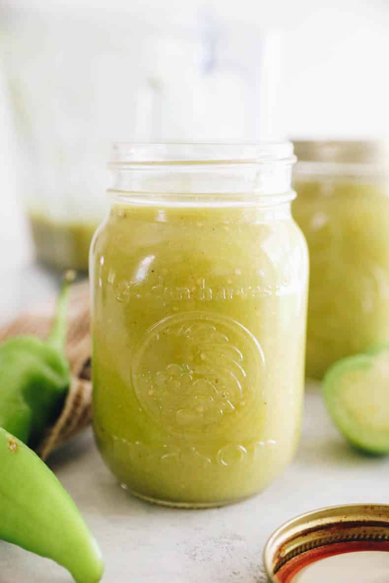 green enchilada sauce in a mason jar.