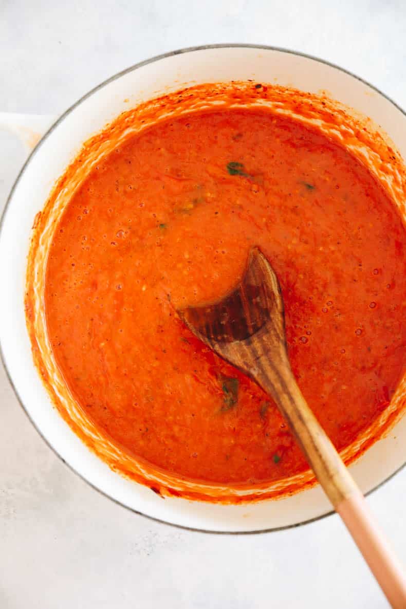 Blended home made tomato sauce in a large dutch oven.