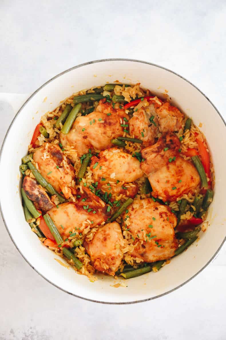 one pot chicken and rice in a dutch oven.