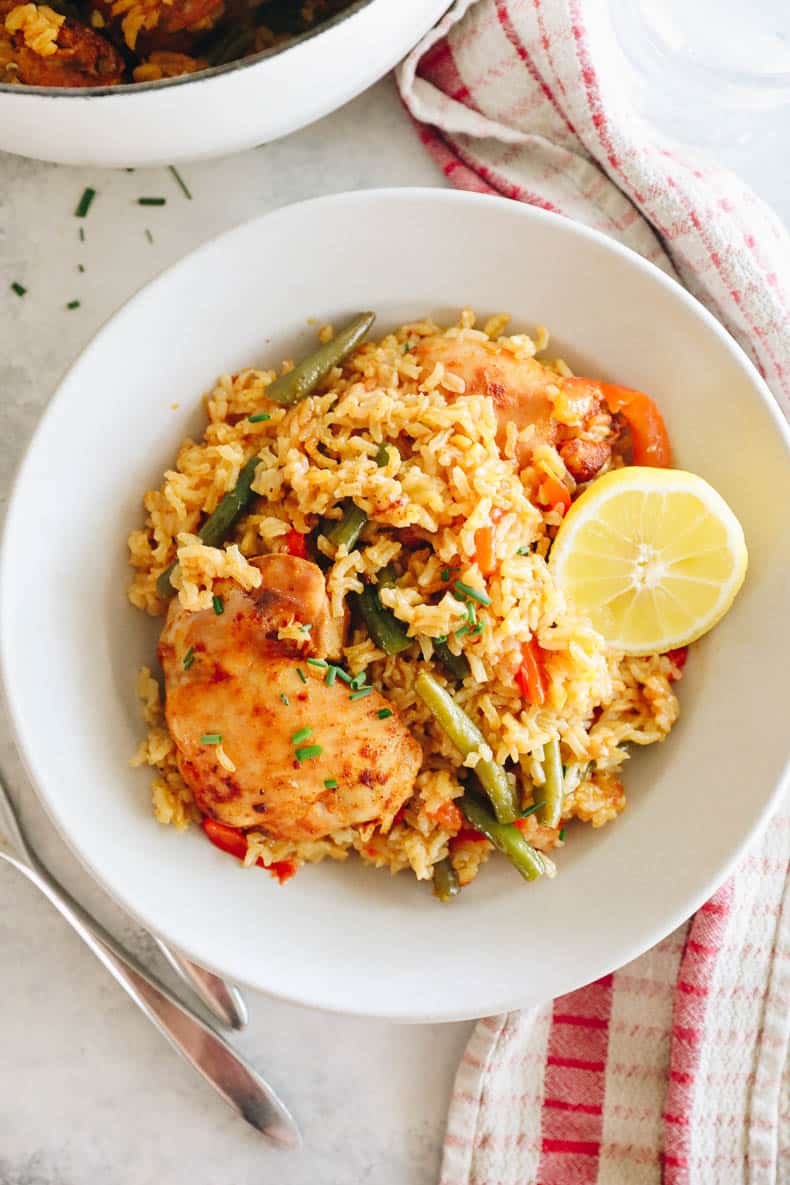 overhead of one pot chicken and rice recipe