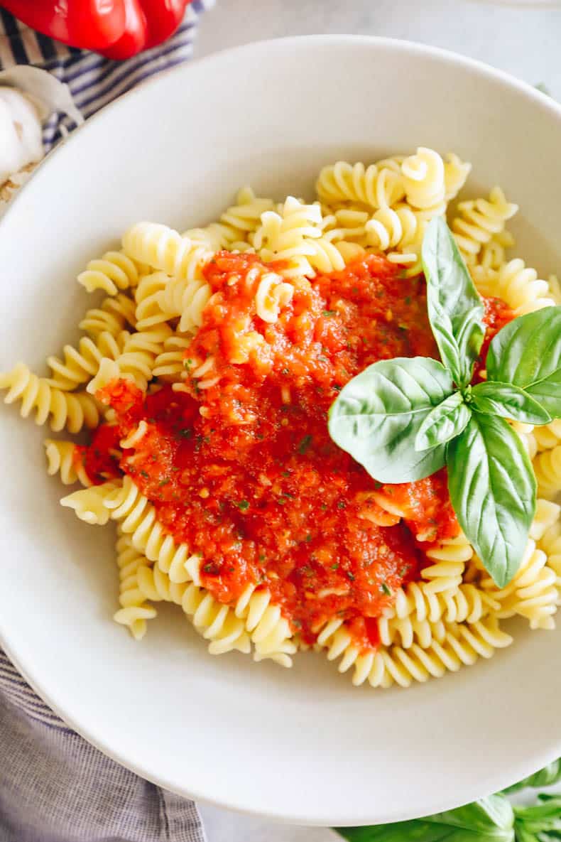 roasted red pepper sauce over fusilli