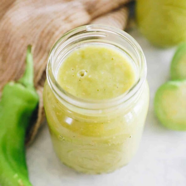 green enchilada sauce in a mason jar.