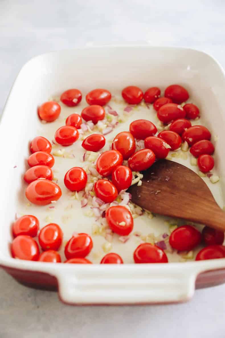 Baked cherry tomatoes with garlic + shallot