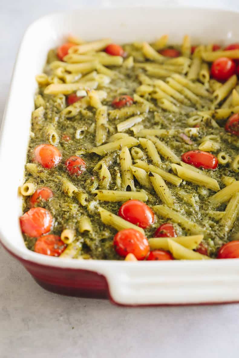 Pesto Pasta baked in a casserole dish