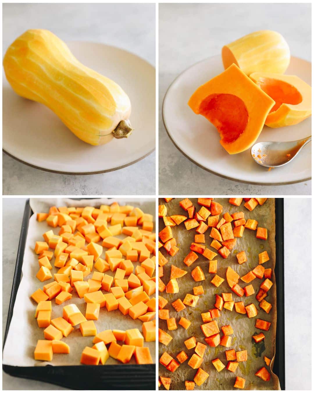 collage showing how to peel and chop butternut squash in cubes.