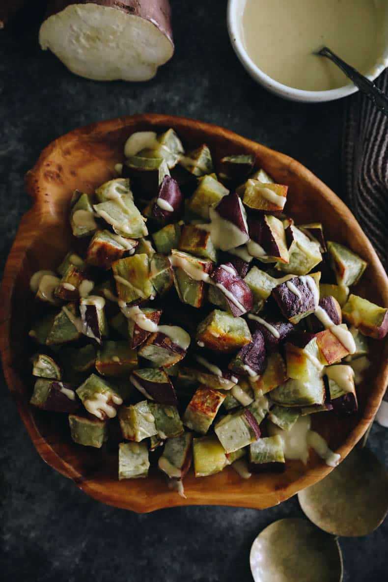 roasted Japanese sweet potato in a bowl.