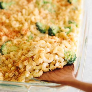 Up close image of a spoon scooping out noodles from healthy mac and cheese.